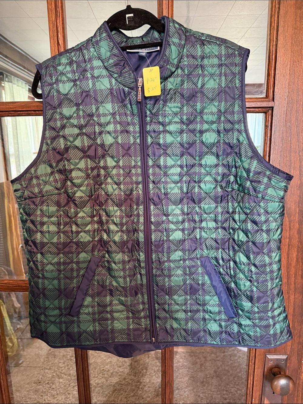 Karen Scott Sport Green Navy Plaid Quilted Zip Front Vest XXL Autumn Preppy